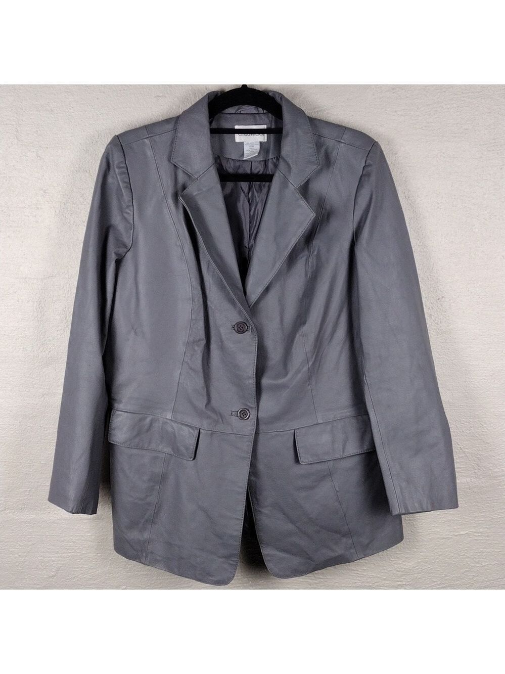 Chadwick's Grey Leather One Notched Collar Long Sleeve Button Front Blazer Coat - Picture 2 of 9